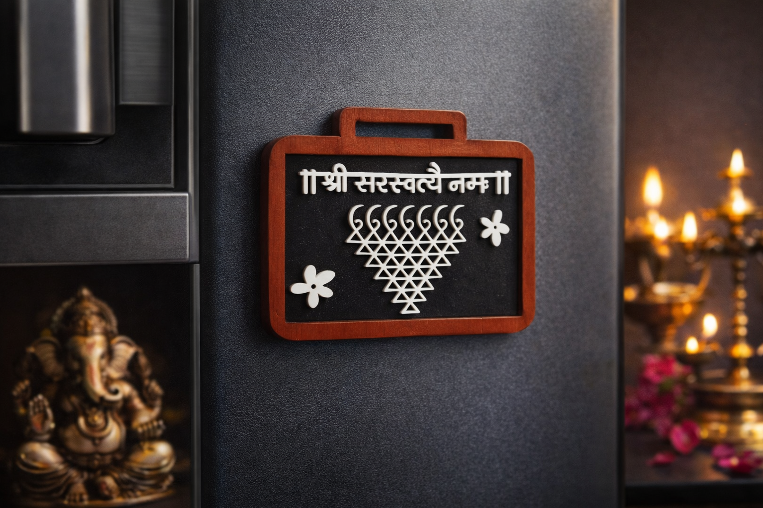 Handmade wooden fridge magnet “Saraswati Yantra”
