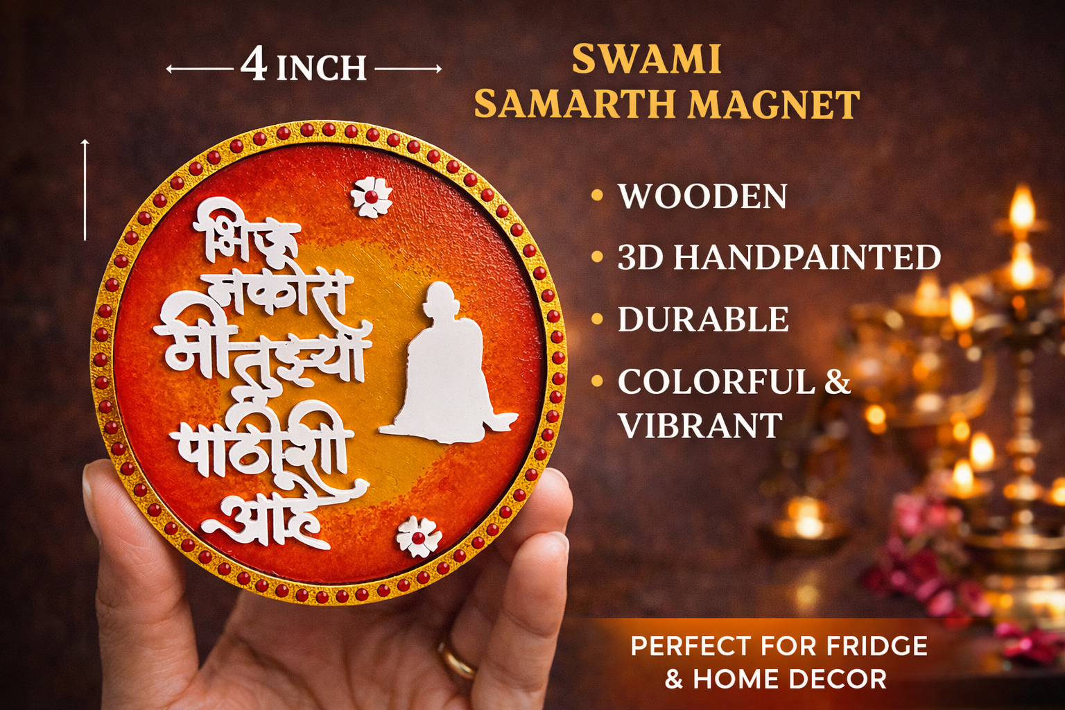 Handmade wooden fridge magnet Shri Swami Samarth “Mi Tuzya Pathishi Aahe”